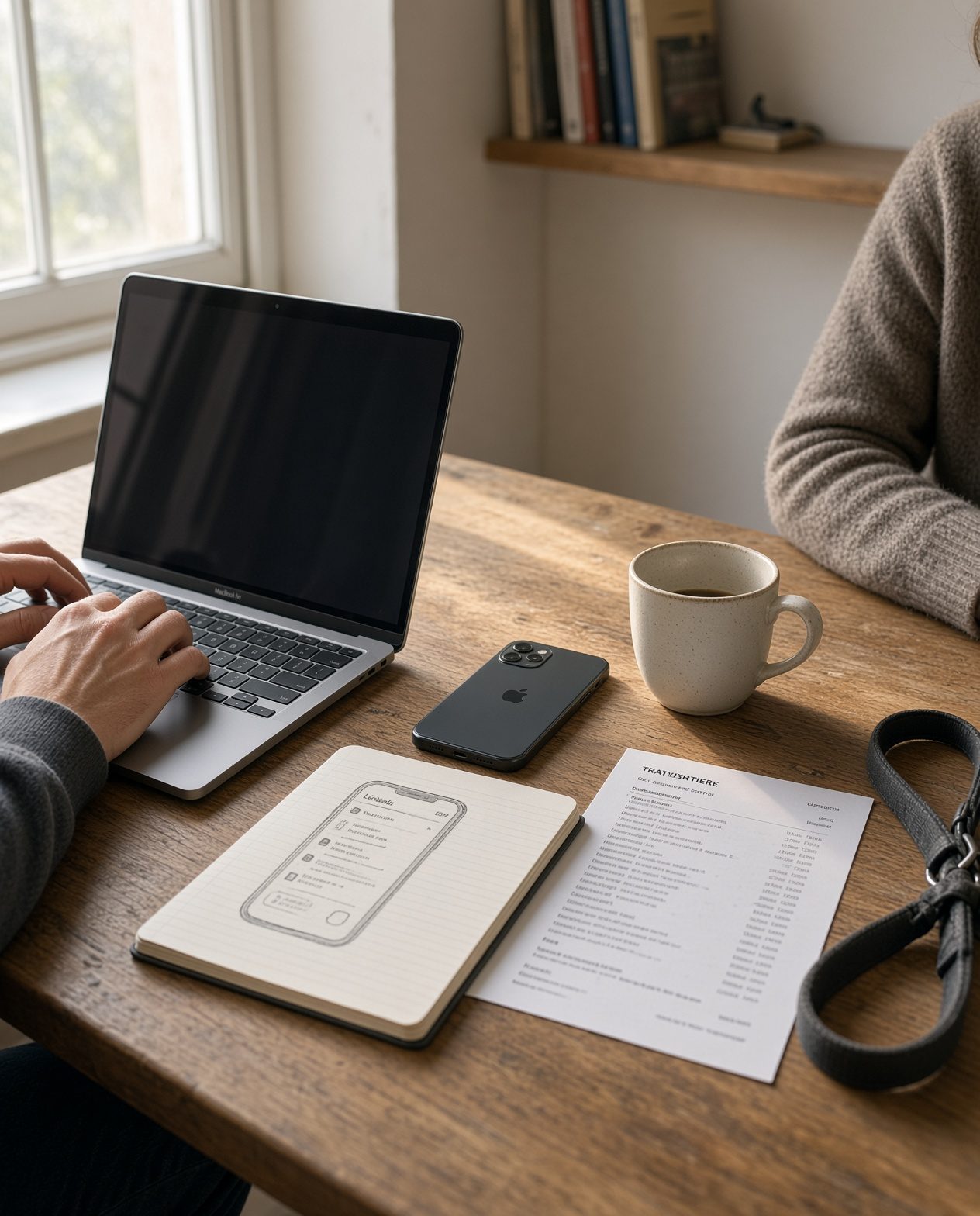 Arbejdsbordet: Mac, telefon, kaffe, notesblok med skitse, en medicinliste og en hundesnor